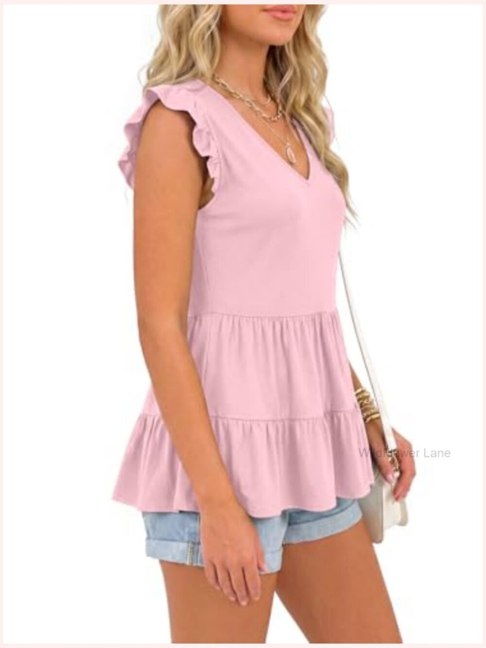 V Neck Sleeveless Ruffle Hem Peplum Babydoll Tank Top Dressy Casual Blouse - Picture 4 of 7